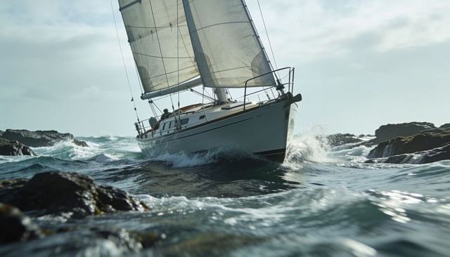 Sailboat cutting through rough coastal waves near rocky shoreline under overcast sky