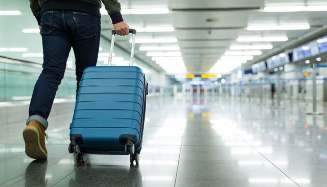 Walking traveler pulling blue spinner suitcase through modern airport concourse