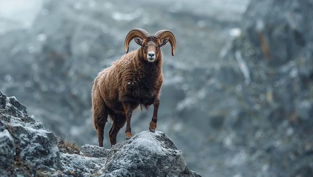 Majestic ram standing on frost-covered alpine rock ledge with large curved horns