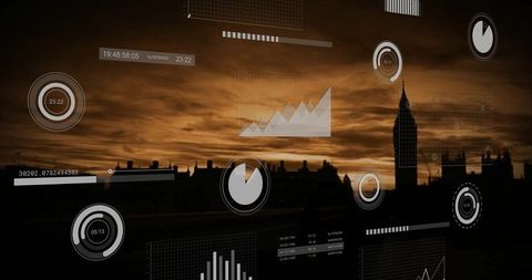 Futuristic Data Interface Overlaid on Dusk City Skyline