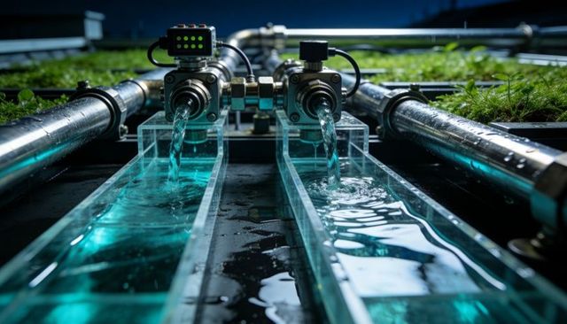 Industrial valves flowing teal water into clear acrylic troughs on stainless steel piping