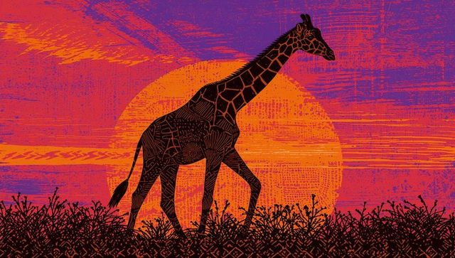 Stylized giraffe silhouette strolling pasted decorative sunset