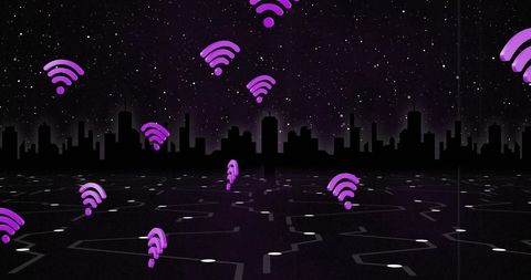 Wifi symbols above digital cityscape at night