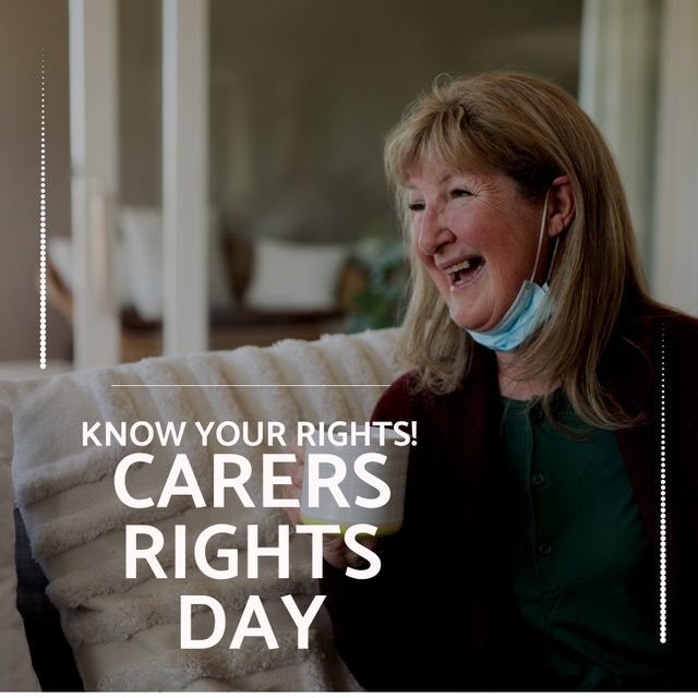Caucasian woman wearing a face mask, smiling and looking happy, celebrating Carers Rights Day in a cozy living room. Useful for topics on caregivers' rights, healthcare advocacy, support awareness campaigns, and promoting caregiver emotional well-being.