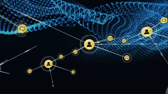 Illustration depicts network connections with various icons representing digital communication and data flow. Ideal for use in technology articles, presentations on digital interfaces, websites focused on global connectivity, and materials on data processing.