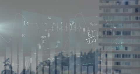 Mathematical Equations Overlaid on Cityscape Visualizing Data Analysis