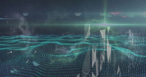 Digital waves transforming under night sky