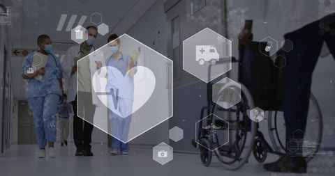 Doctors discussing with digital healthcare icons overlay