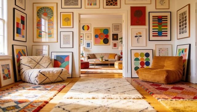 Showcasing gallery wall with colorful art and cozy low seating in midcentury living room