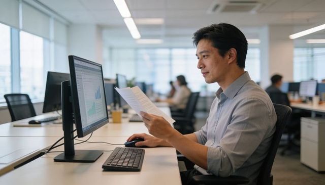 Asian man reading report at modern open-plan office workstation viewing data charts