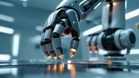 Advanced Robotic Hand with Illuminated Fingertips in Futuristic Workshop