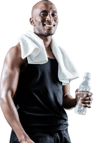 Smiling Athletic Man Holding Water with Towel on Neck in Transparent Background
