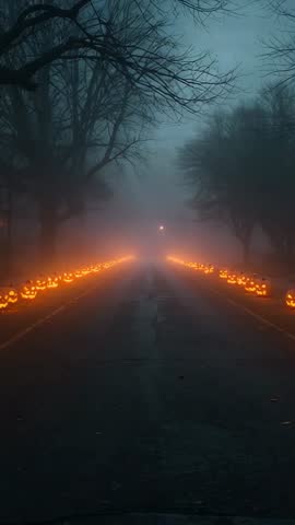 Vertical glide through foggy pumpkin-lined lane with glowing jack-o-lanterns for Halloween