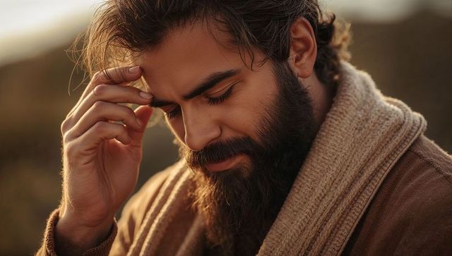 Thoughtful bearded man touching temple at golden hour, scarf and sweater portrait