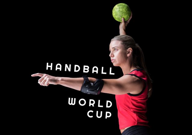 Dynamic image of a female handball player holding the ball overhead, ready to throw. The player wears a red jersey and black arm guard. Text 'Handball World Cup' is included. Ideal for use in sports advertisements, handball event promotions, fitness magazines, and athletic sponsorships.