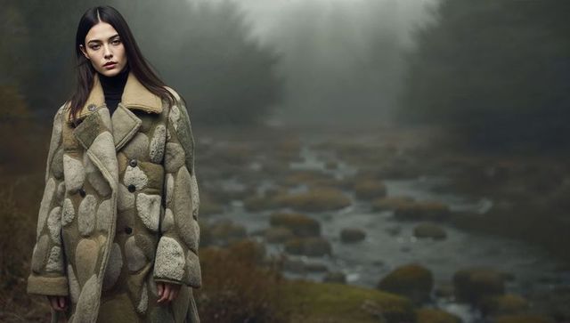Model standing in misty marsh wearing shearling patchwork coat and dark turtleneck