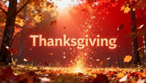 Sparkling golden thanksgiving text rising over autumn forest floor with falling leaves