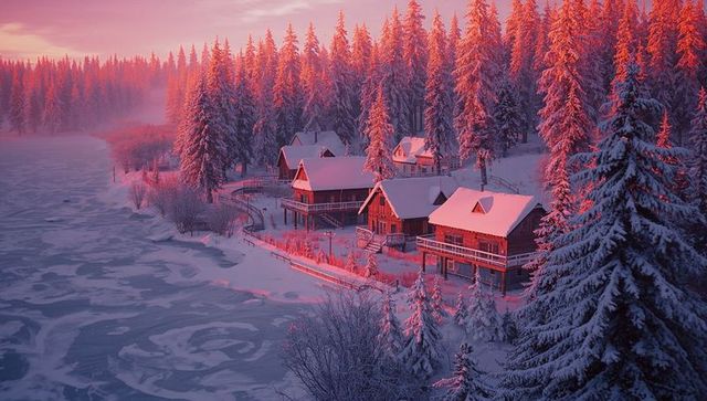 Wooden cabins at sunrise with icy river and snowy pines