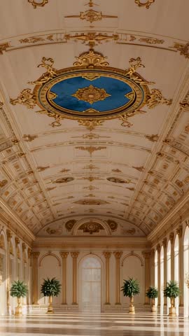 Tilting up through grand neoclassical palace hall toward ornate gold medallion ceiling