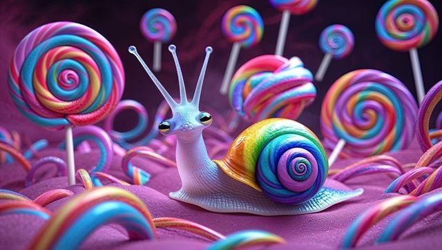 Whimsical snail with rainbow shell in candy land landscape