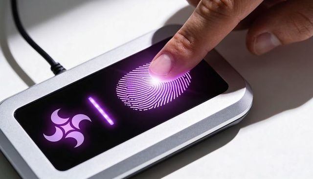 Fingertip authenticating on glowing purple biometric fingerprint scanner for secure access