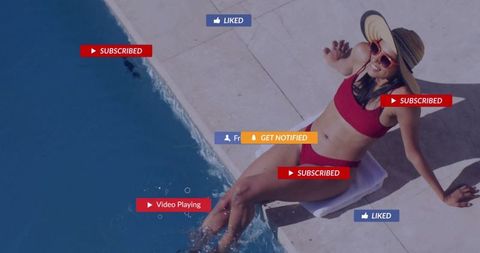 Woman Relaxing by Pool with Social Media Overlays