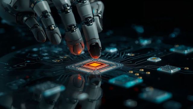 Robotic fingertip probing glowing microchip circuit board, precision ai hardware concept