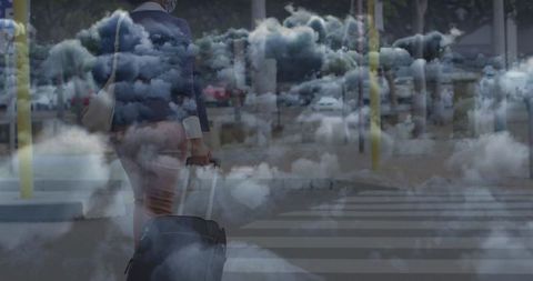 Woman with luggage and cloudy sky abstract overlay