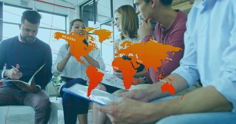 Business Team Collaborating with Data Visualization Overlay