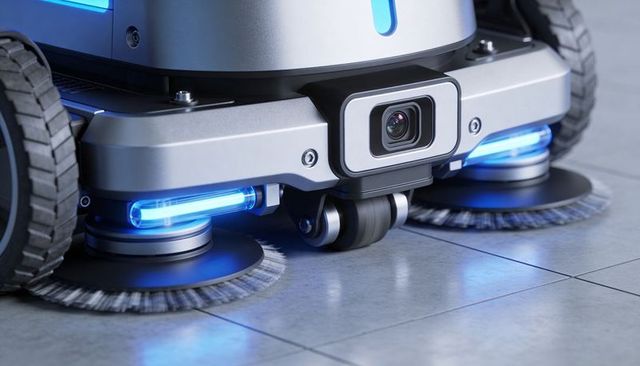Operating robotic floor scrubber showing underside with dual brushes on tiled commercial floor