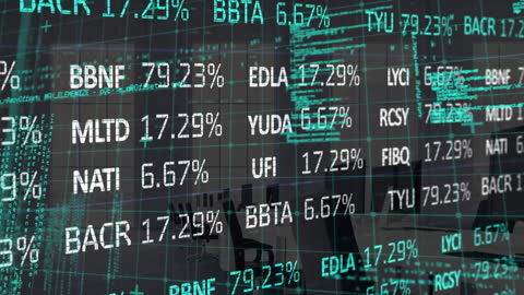 Digital Financial Data Overlaying Urban Skyline