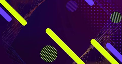 Neon diagonal bars on dark purple gradient with halftone dots and geometric wireframe
