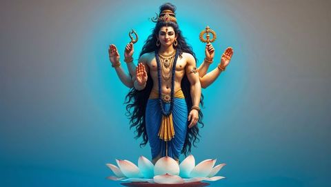 Six-Armed Deity on Lotus with Symbolic Gestures and Sacred Objects