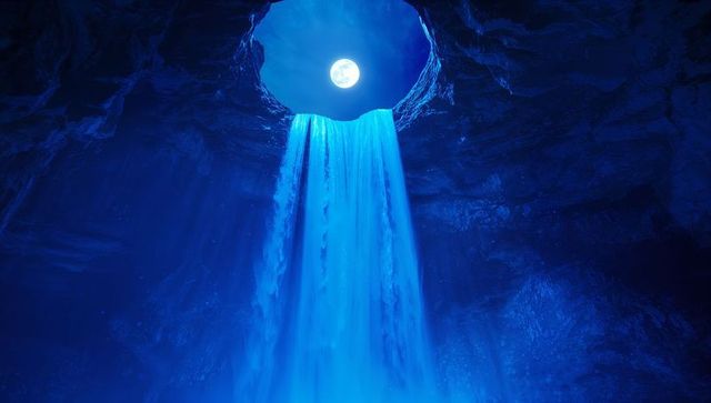 Mystical Waterfall Illumined by Full Moon Inside Cave