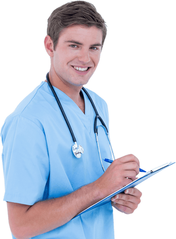 Smiling Doctor Writing on Clipboard with Transparent Background