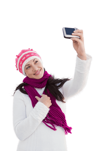 Transparent Silhouette Asian Woman Taking Selfie in Winter Outfit