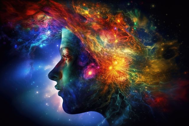 Illustration of a woman's silhouette with vibrant, colorful galactic elements forming her hair. Perfect for use in creative and artistic projects, fantasy book covers, science fiction themes, posters, and artistic digital artwork.