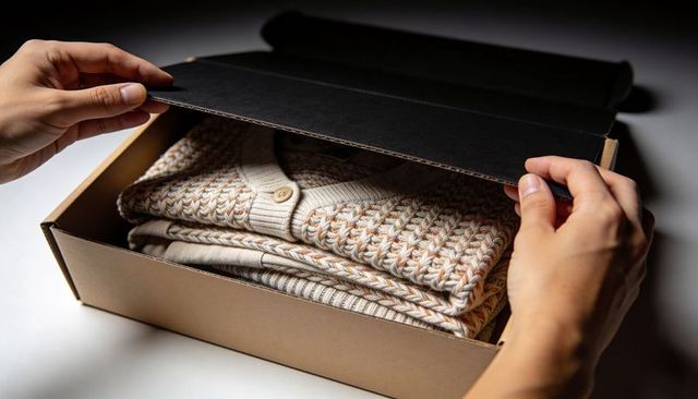 Hands lifting corrugated box revealing folded beige knit cardigan for sustainable unboxing