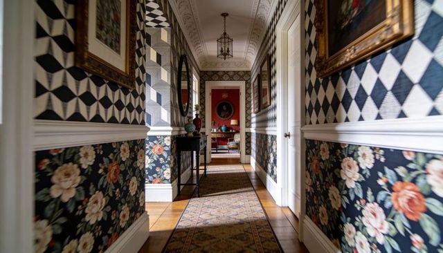 Ornate historic hallway featuring geometric and floral wallpaper, console table, runner