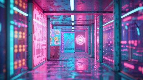 Futuristic Cyberpunk Corridor with Neon Reflections