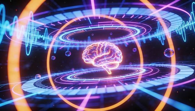 Neon holographic brain glowing amid pulsing rings and waveform tech interface