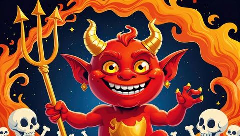 Grinning demon with trident in fiery hell illustration