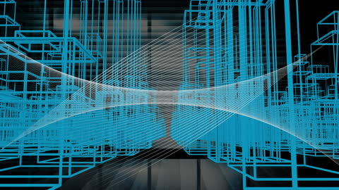 Abstract Digital Cityscape with Flowing Data Lines