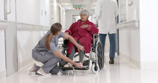 Nurse Assisting Senior Woman in Red Robe in Wheelchair in Hospital - Download Free Stock Images Pikwizard.com