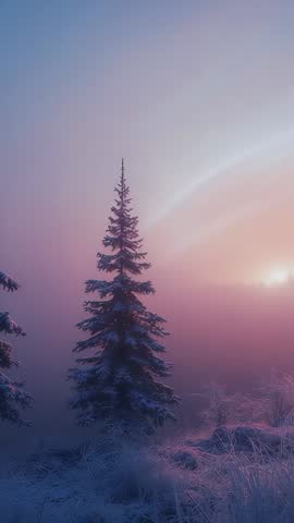 Evergreen tree bathing in sunrise glow over frosty clearing, vertical winter scene video