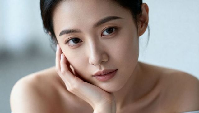 Asian woman gazing closeup portrait with hand on chin soft skin calm expression