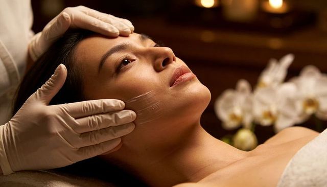 Woman receiving facial treatment with gloved therapist applying cream in candlelit spa