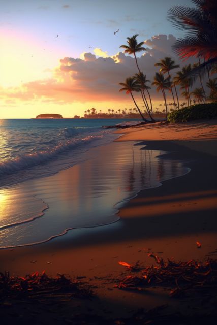 Tropical beach coastline with palm trees at sunset. Gentle ocean waves are visible, reflecting the warm hues of the sky. Some clouds are illuminated by the setting sun. Can be used for travel brochures, holiday invitations, background wallpaper or social media inspiration posts.