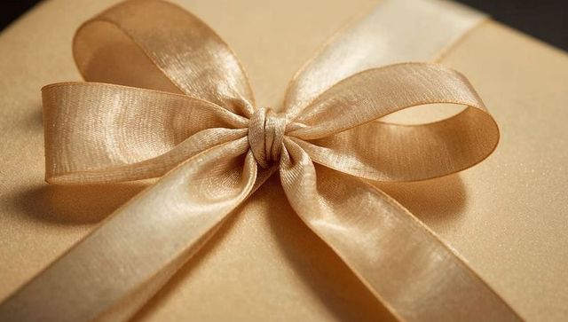 Golden satin bow on luxury gift box, close-up knot and shimmering ribbon texture
