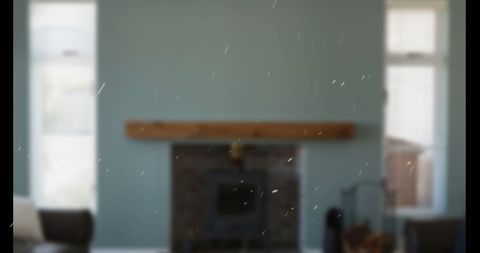 Empty Living Room with Fireplace and Digital Interface Overlay